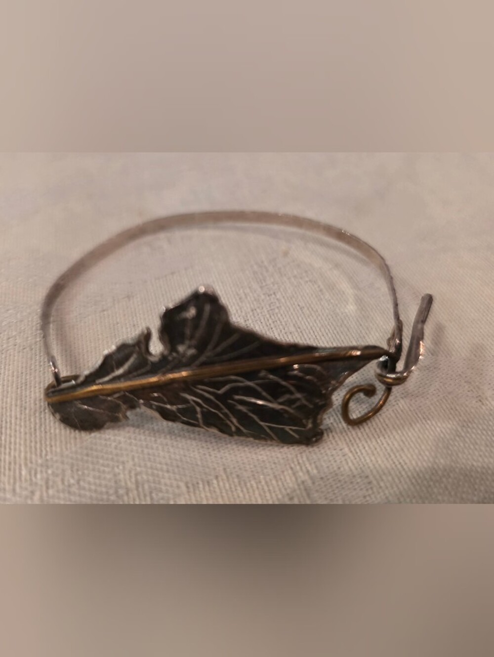Vintage Artisan Mixed Metal Cuff Leaf Focal Piunt Stem Loop Clasp